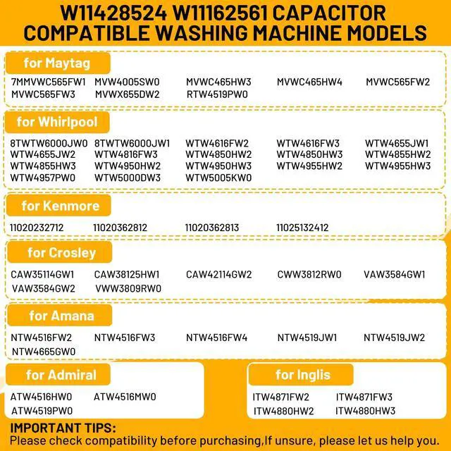 Alt view image 4 of 7 - W11428524 W11162561 W10866238 Washing Machine Run Capacitor Replacement for Whirlpool Washer Capacitor, Replace W11175257 AP6981681 PS12745632 EAP12745632, Fit for Whirlpool Maytag Kenmore