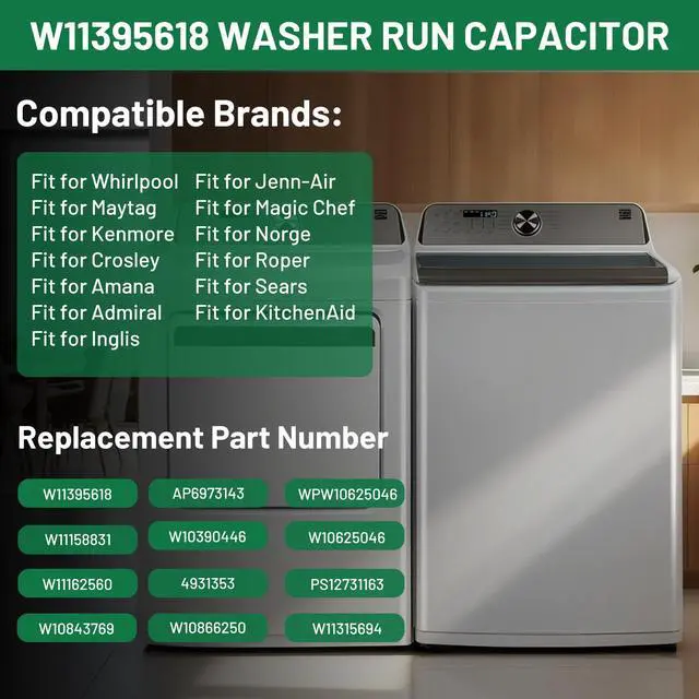 Alt view image 2 of 7 - W11395618 W11162560 W10625046 Washing Machine Run Capacitor Replacement for Whirlpool Washer Capacitor, Replace W10866250 W10390446 W10843769 WPW10625046 W11315694, Fit for Whirlpool Maytag Kenmore