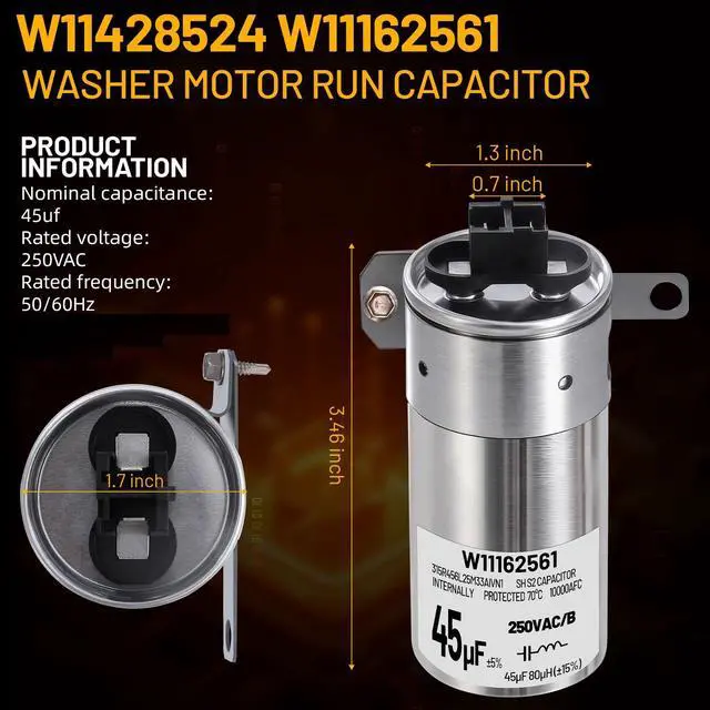 Alt view image 7 of 7 - W11428524 W11162561 W10866238 Washing Machine Run Capacitor Replacement for Whirlpool Washer Capacitor, Replace W11175257 AP6981681 PS12745632 EAP12745632, Fit for Whirlpool Maytag Kenmore