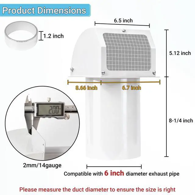 Alt view image 2 of 7 - 6 Inch Hooded Wall Vent Cover with Screen and Damper, White | Heavy-duty 14GA/2MM Steel Vent Covers for Wall, Vent Cover for Dryer Ventilation and Outdoor Air Exhaust
