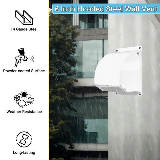Alt view image 3 of 7 - 6 Inch Hooded Wall Vent Cover with Screen and Damper, White | Heavy-duty 14GA/2MM Steel Vent Covers for Wall, Vent Cover for Dryer Ventilation and Outdoor Air Exhaust