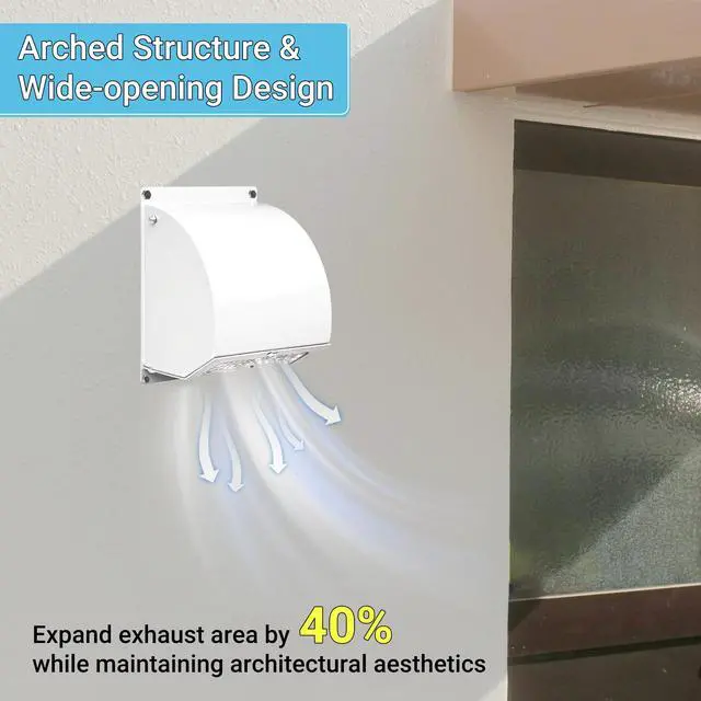 Alt view image 4 of 7 - 8 Inch Hooded Wall Vent Cover with Screen and Damper, White | Heavy-duty 14GA/2MM Steel Vent Covers for Wall, Vent Cover for Dryer Ventilation and Outdoor Air Exhaust