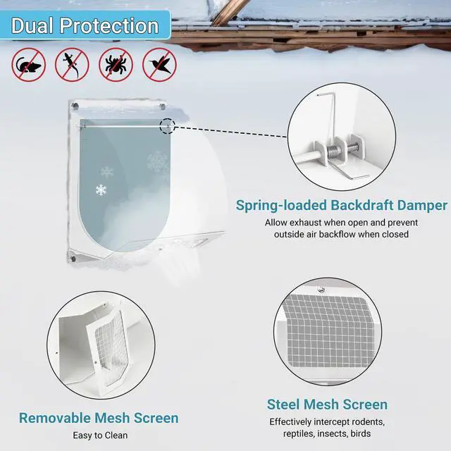 Alt view image 6 of 7 - 8 Inch Hooded Wall Vent Cover with Screen and Damper, White | Heavy-duty 14GA/2MM Steel Vent Covers for Wall, Vent Cover for Dryer Ventilation and Outdoor Air Exhaust