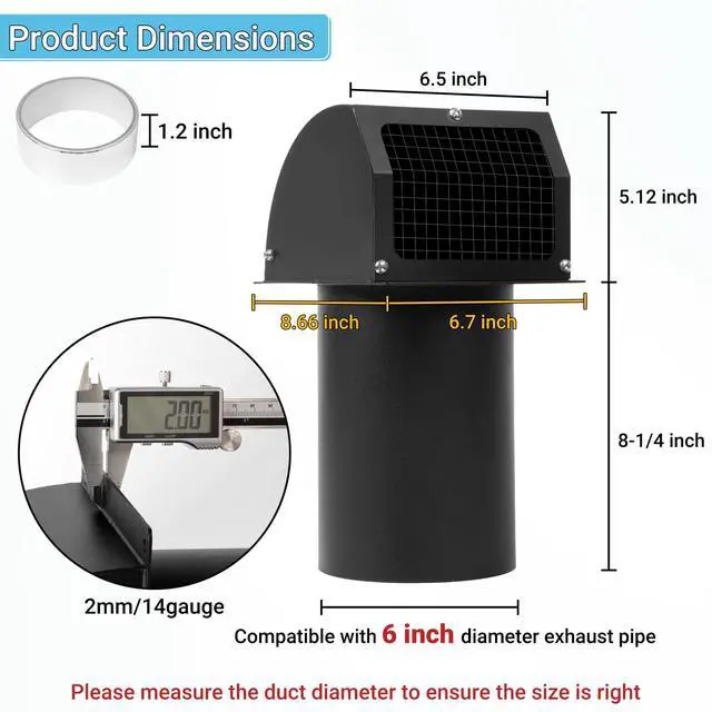 Alt view image 2 of 7 - 6 Inch Hooded Wall Vent Cover with Screen and Damper, Black | Heavy-duty 14GA/2MM Steel Vent Covers for Wall, Vent Cover for Dryer Ventilation and Outdoor Air Exhaust