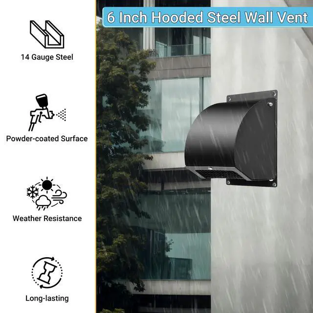 Alt view image 3 of 7 - 6 Inch Hooded Wall Vent Cover with Screen and Damper, Black | Heavy-duty 14GA/2MM Steel Vent Covers for Wall, Vent Cover for Dryer Ventilation and Outdoor Air Exhaust