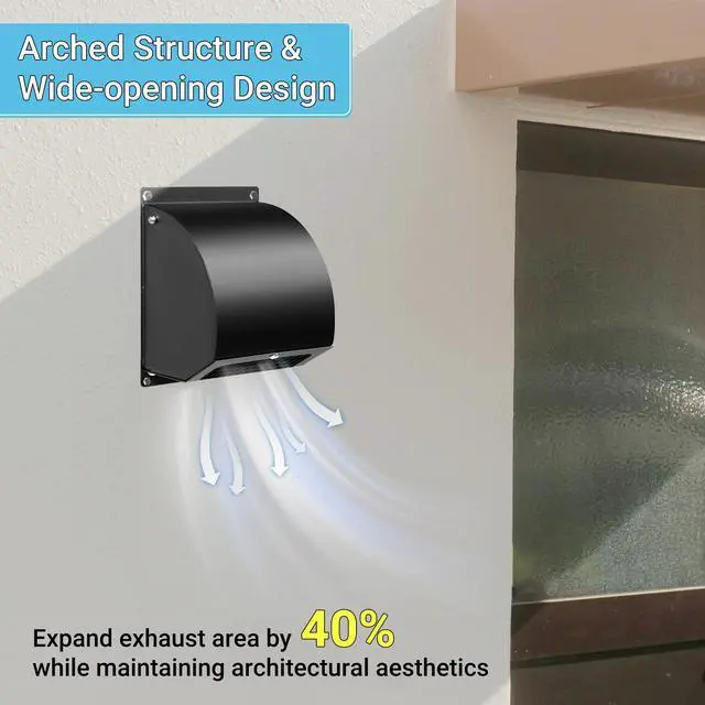 Alt view image 4 of 7 - 6 Inch Hooded Wall Vent Cover with Screen and Damper, Black | Heavy-duty 14GA/2MM Steel Vent Covers for Wall, Vent Cover for Dryer Ventilation and Outdoor Air Exhaust