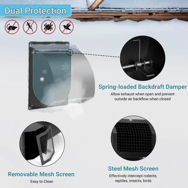 Alt view image 6 of 7 - 6 Inch Hooded Wall Vent Cover with Screen and Damper, Black | Heavy-duty 14GA/2MM Steel Vent Covers for Wall, Vent Cover for Dryer Ventilation and Outdoor Air Exhaust