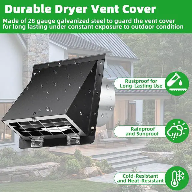 Alt view image 2 of 7 - 5 Inch Hooded Wall Vent with Mesh and Damper,5'' Exhaust Vent Cover,5in Dryer Vent Cover Outside Metal Wall Exhaust Duct Cap for Kitchen Range Hood/Bathroom Exhaust/Laundry-Galvanized Steel,Black