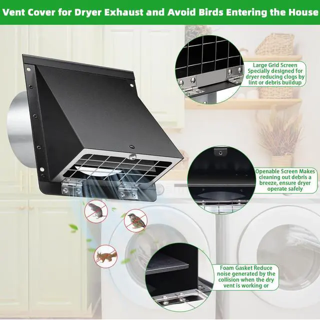 Alt view image 3 of 7 - 5 Inch Hooded Wall Vent with Mesh and Damper,5'' Exhaust Vent Cover,5in Dryer Vent Cover Outside Metal Wall Exhaust Duct Cap for Kitchen Range Hood/Bathroom Exhaust/Laundry-Galvanized Steel,Black