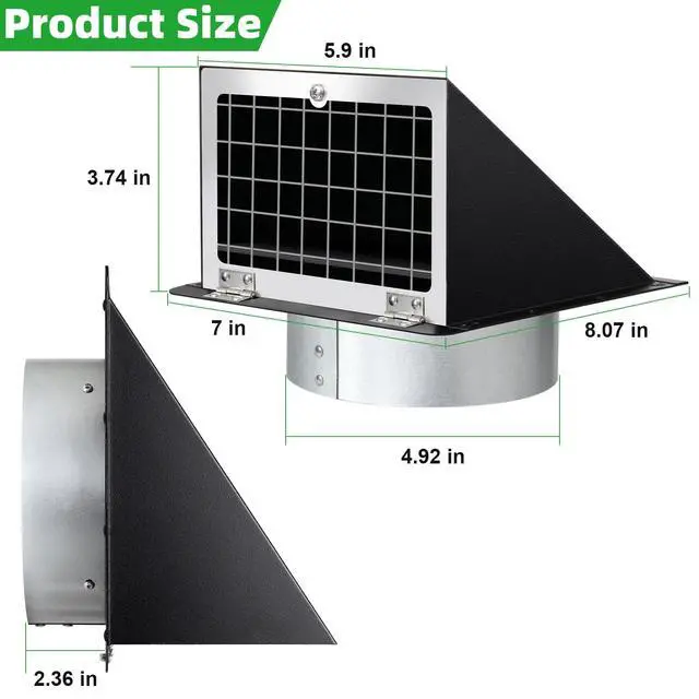 Alt view image 6 of 7 - 5 Inch Hooded Wall Vent with Mesh and Damper,5'' Exhaust Vent Cover,5in Dryer Vent Cover Outside Metal Wall Exhaust Duct Cap for Kitchen Range Hood/Bathroom Exhaust/Laundry-Galvanized Steel,Black