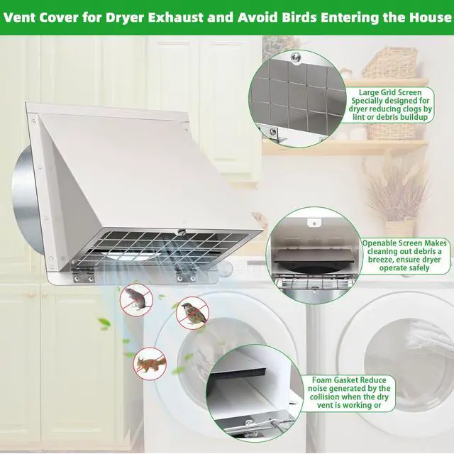 Alt view image 3 of 7 - 5 Inch Hooded Wall Vent with Mesh&Damper,5''Exhaust Vent Cover,5in Dryer Vent Cover Outside Metal Wall Exhaust Vent Cap Hood for Outdoor Kitchen Range Hood/Bathroom Exhaust Duct-Galvanized Steel,White