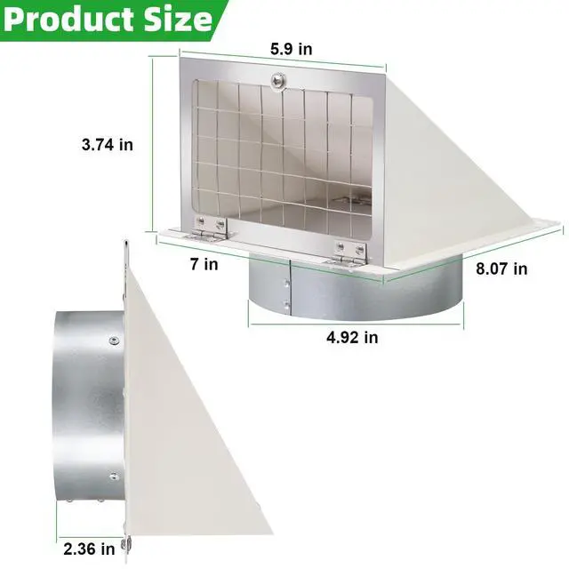 Alt view image 6 of 7 - 5 Inch Hooded Wall Vent with Mesh&Damper,5''Exhaust Vent Cover,5in Dryer Vent Cover Outside Metal Wall Exhaust Vent Cap Hood for Outdoor Kitchen Range Hood/Bathroom Exhaust Duct-Galvanized Steel,White