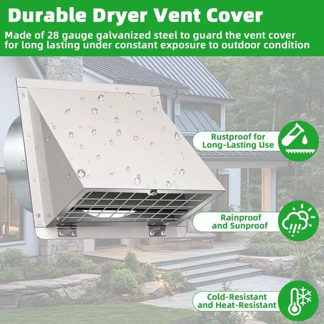 Alt view image 2 of 7 - 5 Inch Hooded Wall Vent with Mesh&Damper,5''Exhaust Vent Cover,5in Dryer Vent Cover Outside Metal Wall Exhaust Vent Cap Hood for Outdoor Kitchen Range Hood/Bathroom Exhaust Duct-Galvanized Steel,White