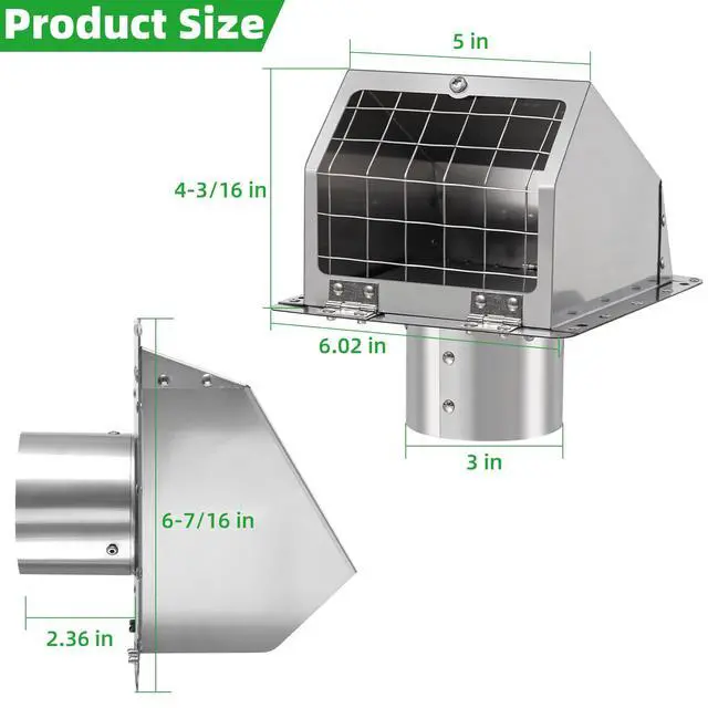 Alt view image 2 of 7 - 3 Inch Dryer Vent Cover Outside with Mesh and Damper,304 Stainless Steel Wall Vent Exhaust Vent Cover,3" Metal Dryer Vent Cover,Exterior Dryer Vent Hood Cap for Laundry Dryer Range Hood AC Air Vent
