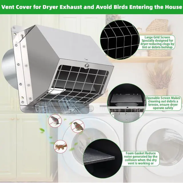 Alt view image 3 of 7 - 3 Inch Dryer Vent Cover Outside with Mesh and Damper,304 Stainless Steel Wall Vent Exhaust Vent Cover,3" Metal Dryer Vent Cover,Exterior Dryer Vent Hood Cap for Laundry Dryer Range Hood AC Air Vent