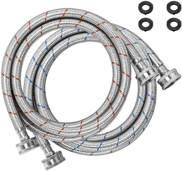 Main image of 4FT Stainless Steel Washing Machine Hoses 3/4" NPT Connection | Washer Hoses Red and Blue Water Supply Lines by Hot and Cold Washer Hoses (2 Pack)