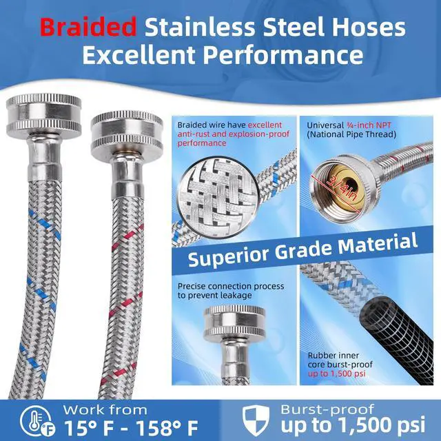 Alt view image 3 of 6 - 6FT Stainless Steel Washing Machine Hoses 3/4" NPT Connection | Red & Blue Braided Hot Cold Washer Hose 15°F-158°F Temperature Resistant Leak Proof Washer Hose-2 Pack by