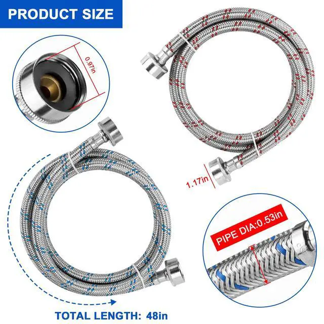 Alt view image 2 of 6 - 4FT Stainless Steel Washing Machine Hoses 3/4" NPT Connection | Washer Hoses Red and Blue Water Supply Lines by Hot and Cold Washer Hoses (2 Pack)
