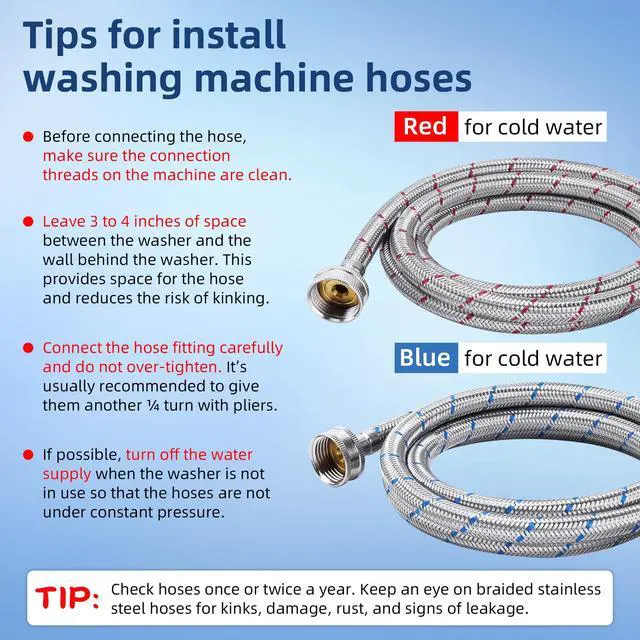 Alt view image 4 of 6 - 6FT Stainless Steel Washing Machine Hoses 3/4" NPT Connection | Red & Blue Braided Hot Cold Washer Hose 15°F-158°F Temperature Resistant Leak Proof Washer Hose-2 Pack by