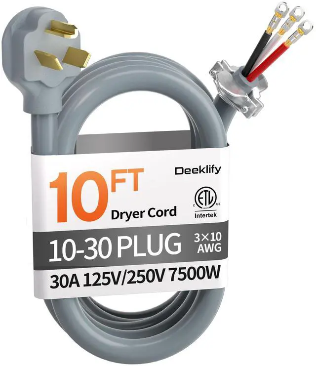 Main image of 10FT 3 Prong Dryer Cord, Pure Copper, NEMA 10-30P Plug, ETL Listed | 3-Wire 30Amp 10 Gauge, Dryer Cord 3 Prong, Dryer Power Cord Replacement, O-Ring Terminals, 250V 7500W, Gray, STW