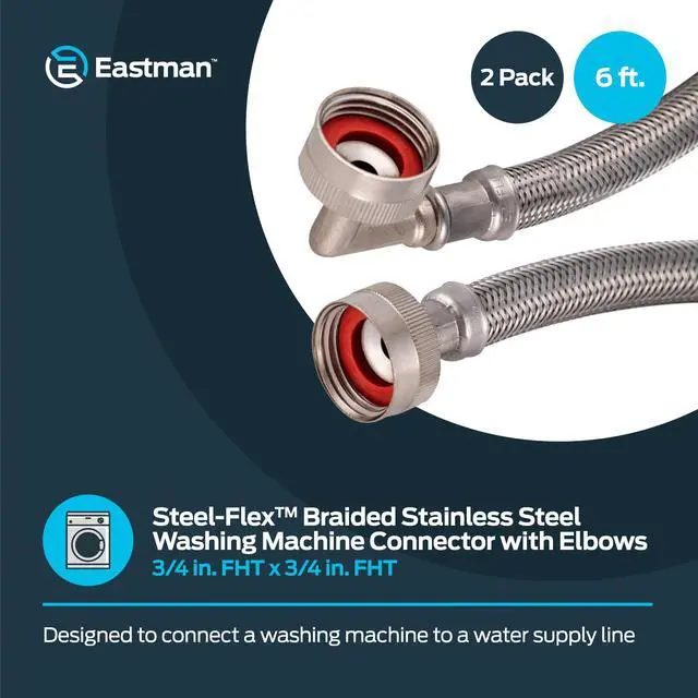 Alt view image 2 of 6 - 6 ft Washing Machine Hose Connectors with Elbows, Pack of 2, 3/4 in FHT x 3/4 in FHT, Braided Stainless Steel, 41066