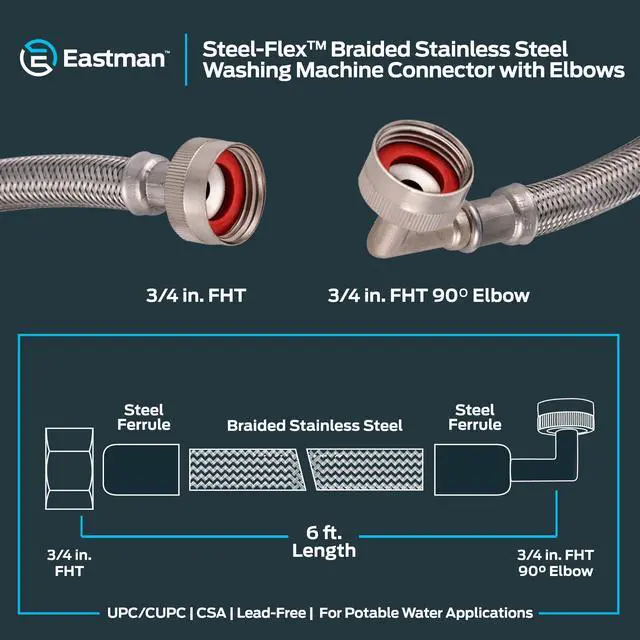 Alt view image 6 of 6 - 6 ft Washing Machine Hose Connectors with Elbows, Pack of 2, 3/4 in FHT x 3/4 in FHT, Braided Stainless Steel, 41066