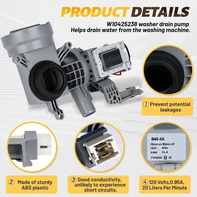 Alt view image 2 of 7 - WPW10605427 W10425238 Washer Drain Pump Intended for Whirlpool Drain Pump WFW75HEFW0 WFW72HEDW0, Fit for Maytag Washer Drain Pumps, WPW10605427 Replace W10605427 WPW10425238 W10799064 W10799065