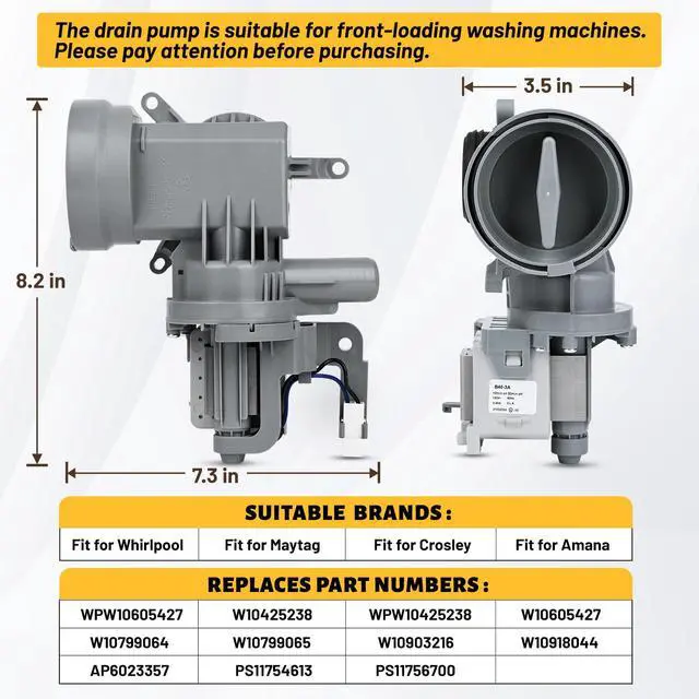 Alt view image 3 of 7 - WPW10605427 W10425238 Washer Drain Pump Intended for Whirlpool Drain Pump WFW75HEFW0 WFW72HEDW0, Fit for Maytag Washer Drain Pumps, WPW10605427 Replace W10605427 WPW10425238 W10799064 W10799065