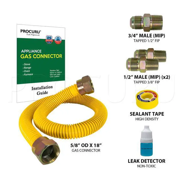 Alt view image 2 of 5 - 5/8" OD x 18" (1.5Ft) Flexible Gas Connector Kit for Stove Range, Furnace, WeatherProof Stainless Steel Tubing with SafeGuard Yellow-Coating (Green-A1 Series)