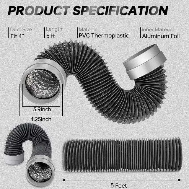 Alt view image 2 of 7 - 5FT Dryer Vent Hose 4 Inch, Heavy Duty Flexible Aluminum Duct | Rubber Seal Connectors, Easy Install, 6-Layer Aluminum, Heat Resistant Exhaust Hose for Tight Spaces, Vent Kit & 2 Clamps