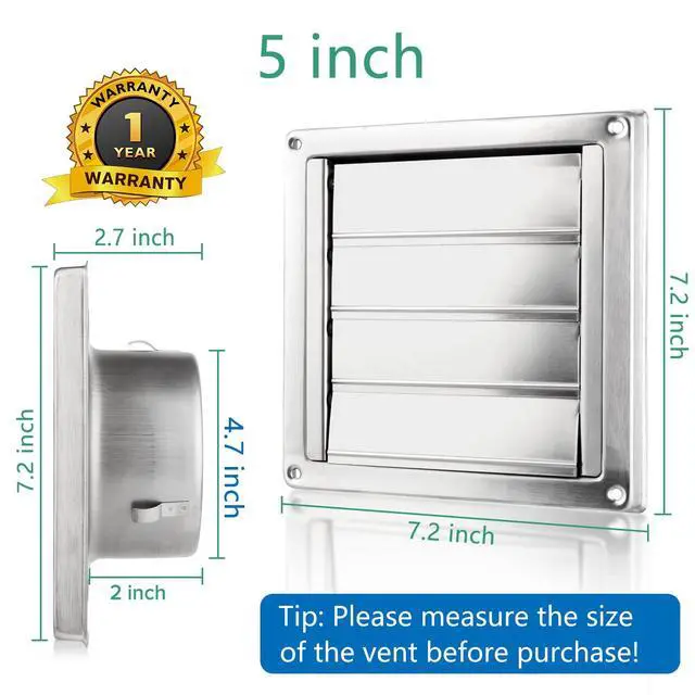 Alt view image 2 of 7 - 5" Louvered Dryer Air Vent Cap for Exterior Wall, Stainless Steel | Weather & UV-Resistant with 4 Screws Rubber Gasket, Metal External Wall Air Vent for Dryer Vents Kitchen Stove Vent AC Vent