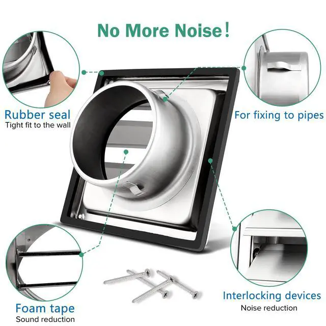 Alt view image 3 of 7 - 5" Louvered Dryer Air Vent Cap for Exterior Wall, Stainless Steel | Weather & UV-Resistant with 4 Screws Rubber Gasket, Metal External Wall Air Vent for Dryer Vents Kitchen Stove Vent AC Vent