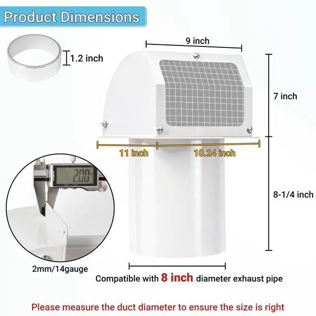 Alt view image 2 of 7 - 8 Inch Hooded Wall Vent Cover with Screen and Damper, White | Heavy-duty 14GA/2MM Steel Vent Covers for Wall, Vent Cover for Dryer Ventilation and Outdoor Air Exhaust