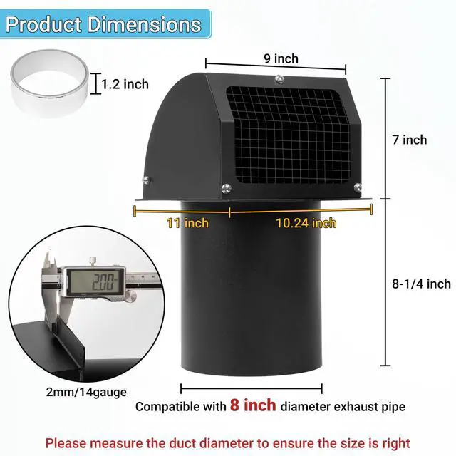 Alt view image 2 of 7 - 8 Inch Hooded Wall Vent Cover with Screen and Damper, Black | Heavy-duty 14GA/2MM Steel Vent Covers for Wall, Vent Cover for Dryer Ventilation and Outdoor Air Exhaust