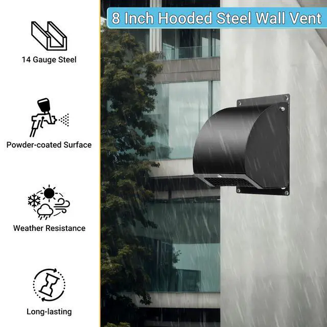 Alt view image 3 of 7 - 8 Inch Hooded Wall Vent Cover with Screen and Damper, Black | Heavy-duty 14GA/2MM Steel Vent Covers for Wall, Vent Cover for Dryer Ventilation and Outdoor Air Exhaust