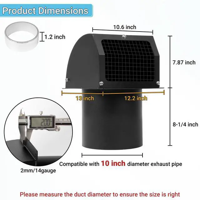 Alt view image 2 of 7 - 10 Inch Hooded Wall Vent Cover with Screen and Damper, Black | Heavy-duty 14GA/2MM Steel Vent Covers for Wall, Vent Cover for Dryer Ventilation and Outdoor Air Exhaust