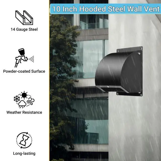 Alt view image 3 of 7 - 10 Inch Hooded Wall Vent Cover with Screen and Damper, Black | Heavy-duty 14GA/2MM Steel Vent Covers for Wall, Vent Cover for Dryer Ventilation and Outdoor Air Exhaust