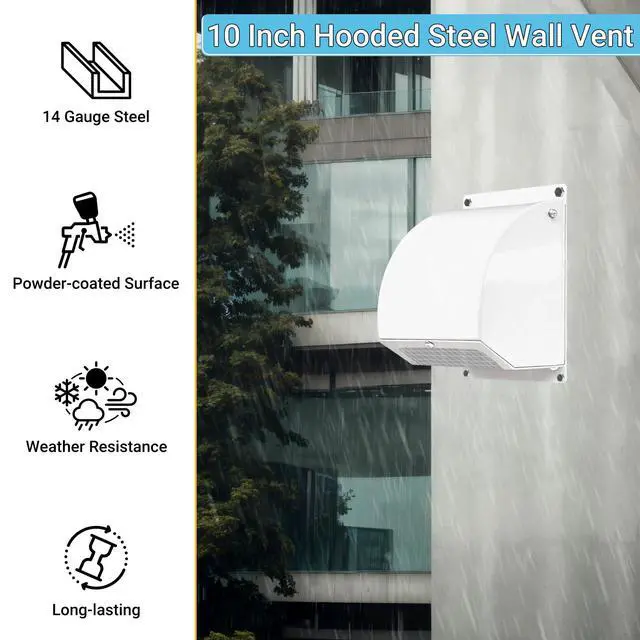 Alt view image 3 of 7 - 10 Inch Hooded Wall Vent Cover with Screen and Damper, White | Heavy-duty 14GA/2MM Steel Vent Covers for Wall, Vent Cover for Dryer Ventilation and Outdoor Air Exhaust
