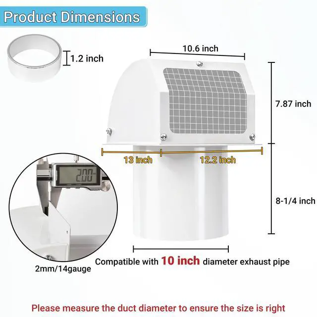 Alt view image 2 of 7 - 10 Inch Hooded Wall Vent Cover with Screen and Damper, White | Heavy-duty 14GA/2MM Steel Vent Covers for Wall, Vent Cover for Dryer Ventilation and Outdoor Air Exhaust