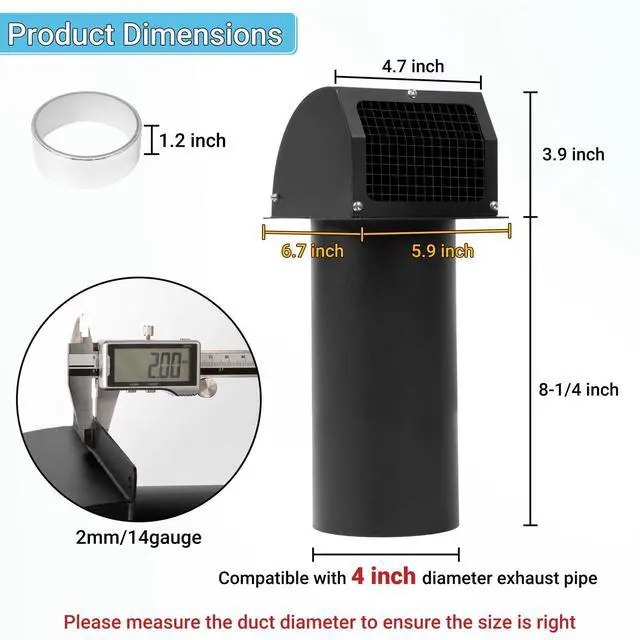 Alt view image 2 of 7 - 4 Inch Dryer Vent with Screen and Damper, Black | Heavy-duty 14GA/2MM Steel Dryer Vent Cover, Dryer Vent Cover Outside for Dryer Ventilation and Outdoor Air Exhaust