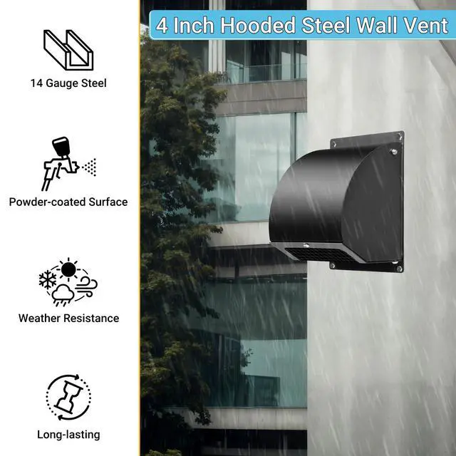 Alt view image 3 of 7 - 4 Inch Dryer Vent with Screen and Damper, Black | Heavy-duty 14GA/2MM Steel Dryer Vent Cover, Dryer Vent Cover Outside for Dryer Ventilation and Outdoor Air Exhaust