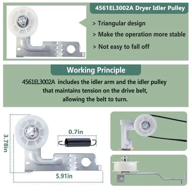 Alt view image 4 of 6 - Upgraded Dryer Repair Kit Compatible with LG Kenmore Dryers | Includes 4581EL2002C Dryer Drum Roller 4400EL2001A Dryer Belt 4561EL3002A Idler Pulley and Spring (4 Roller White Spacer)