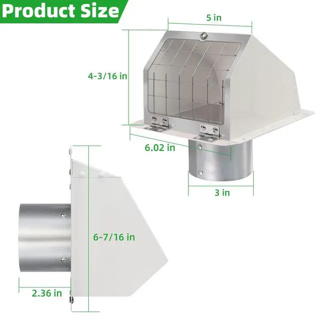 Alt view image 2 of 7 - 3 Inch Dryer Vent Cover Outside,Metal Exterior Vent Cover with Screen and Damper,Outdoor Dryer Vent Hood Outlet Exhaust Vent Cover Air Wall Vent Cover for House Laundry Dryer Range Hood AC-White