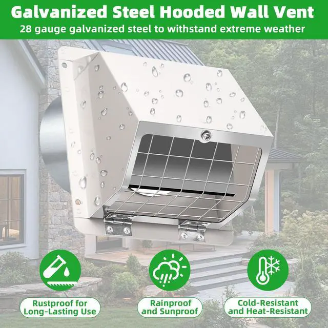 Alt view image 3 of 7 - 3 Inch Dryer Vent Cover Outside,Metal Exterior Vent Cover with Screen and Damper,Outdoor Dryer Vent Hood Outlet Exhaust Vent Cover Air Wall Vent Cover for House Laundry Dryer Range Hood AC-White