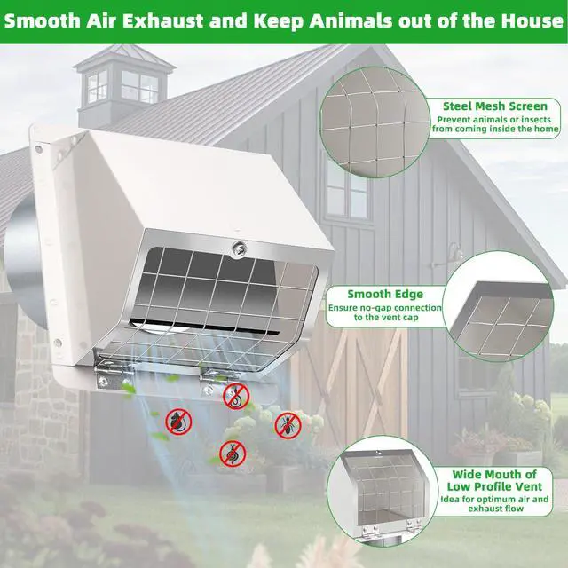 Alt view image 5 of 7 - 3 Inch Dryer Vent Cover Outside,Metal Exterior Vent Cover with Screen and Damper,Outdoor Dryer Vent Hood Outlet Exhaust Vent Cover Air Wall Vent Cover for House Laundry Dryer Range Hood AC-White