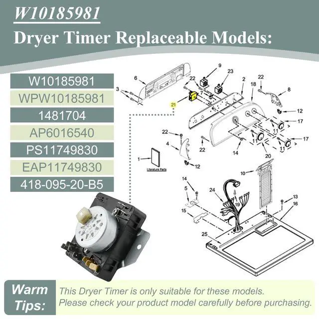 Alt view image 2 of 7 - Upgraded W10185981 Dryer Timer Compatible with Whirlpool 7MWGD1730JQ0, 7MWG66705WM1, 7MWGD1930JM0 Timer, Maytag MGDC215EW2, Crosley, Kenmore, Dryer etc, Replacement for 418-095-20-B5, WPW10185981