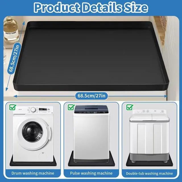 Alt view image 5 of 7 - Washing Machine Drain Pan Silicone mat 27"x27" with 0.79" Raised Edges, Leak-Proof Silicone Mat, Non-Slip Waterproof Floor Protector for Washer Dryer (Black)