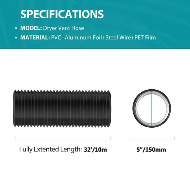 Alt view image 2 of 7 - 5 Inch Air Ducting, 32 Feet Flexible Aluminum Dryer Vent Hose, Three Layer Protection Dryer Hose with 2 Clamps for HVAC Ventilation Heating Cooling Exhaust