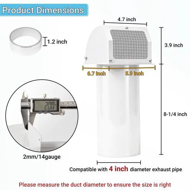 Alt view image 2 of 7 - 4 Inch Dryer Vent with Screen and Damper, White | Heavy-duty 14GA/2MM Steel Dryer Vent Cover, Dryer Vent Cover Outside for Dryer Ventilation and Outdoor Air Exhaust