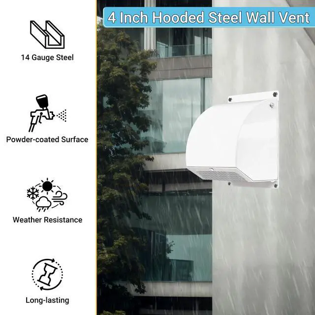 Alt view image 3 of 7 - 4 Inch Dryer Vent with Screen and Damper, White | Heavy-duty 14GA/2MM Steel Dryer Vent Cover, Dryer Vent Cover Outside for Dryer Ventilation and Outdoor Air Exhaust